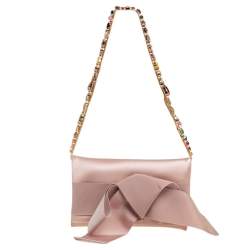 Pre Owned Oscar de la Renta Beige Satin Bow Flap Crystal Embellished Strap Clutch 