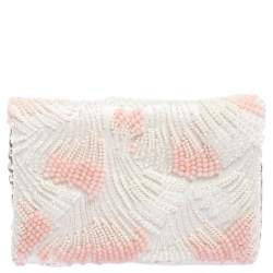 Pre Owned Oscar de la Renta White Satin Beaded Clutch