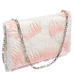 Pre Owned Oscar de la Renta White Satin Beaded Clutch