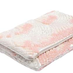 Pre Owned Oscar de la Renta White Satin Beaded Clutch