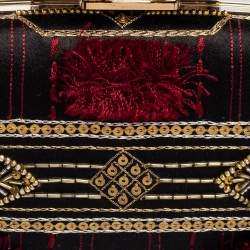 Pre Owned Oscar de la Renta Black Satin Sequin Embellished Chain Clutch