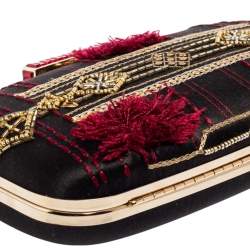 Pre Owned Oscar de la Renta Black Satin Sequin Embellished Chain Clutch