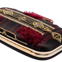 Pre Owned Oscar de la Renta Black Satin Sequin Embellished Chain Clutch