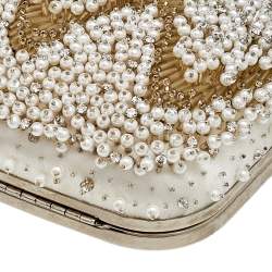 Pre Owned Oscar de la Renta White Satin Embellished Crown Goa Clutch