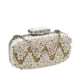 Pre Owned Oscar de la Renta White Satin Embellished Crown Goa Clutch