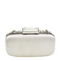 Pre Owned Oscar de la Renta White Satin Embellished Crown Goa Clutch