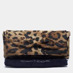 Pre Owned Oscar de la Renta Brown/Black Satin Leopard Print Bow Clutch 