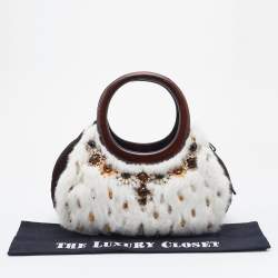 Pre Owned Oscar de la Renta White/Brown Fur And Suede Embellished Satchel