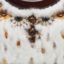 Pre Owned Oscar de la Renta White/Brown Fur And Suede Embellished Satchel