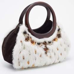 Pre Owned Oscar de la Renta White/Brown Fur And Suede Embellished Satchel