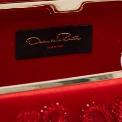 Pre Owned Oscar de la Renta Red Satin Saya Beads Embellished Chain Clutch