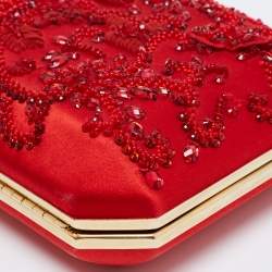 Pre Owned Oscar de la Renta Red Satin Saya Beads Embellished Chain Clutch