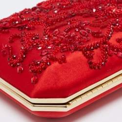 Pre Owned Oscar de la Renta Red Satin Saya Beads Embellished Chain Clutch