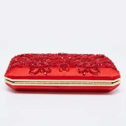 Pre Owned Oscar de la Renta Red Satin Saya Beads Embellished Chain Clutch