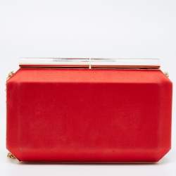 Pre Owned Oscar de la Renta Red Satin Saya Beads Embellished Chain Clutch