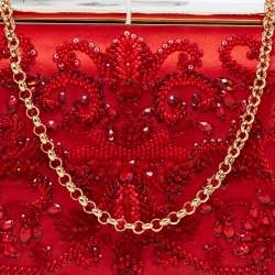 Pre Owned Oscar de la Renta Red Satin Saya Beads Embellished Chain Clutch