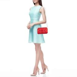 Pre Owned Oscar de la Renta Red Satin Saya Beads Embellished Chain Clutch