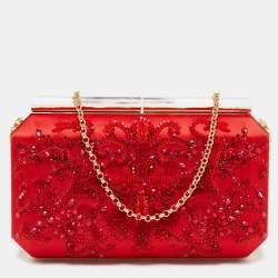 Pre Owned Oscar de la Renta Red Satin Saya Beads Embellished Chain Clutch