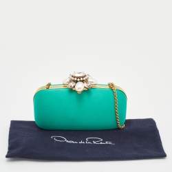 Pre Owned Oscar de la Renta Satin Metal Frame Crystal Embellished Clutch