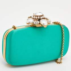 Pre Owned Oscar de la Renta Satin Metal Frame Crystal Embellished Clutch
