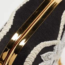 Pre Owned Oscar de la Renta Black/White Satin Crown Embellished Chain Clutch