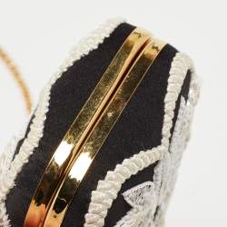 Pre Owned Oscar de la Renta Black/White Satin Crown Embellished Chain Clutch