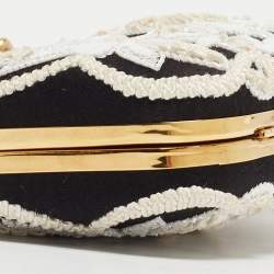 Pre Owned Oscar de la Renta Black/White Satin Crown Embellished Chain Clutch