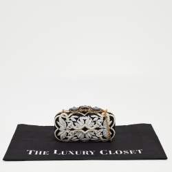 Pre Owned Oscar de la Renta Black/White Satin Crown Embellished Chain Clutch