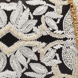 Pre Owned Oscar de la Renta Black/White Satin Crown Embellished Chain Clutch