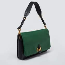 Pre Owned Oscar de la Renta Green/Black Leather Flap Shoulder Bag