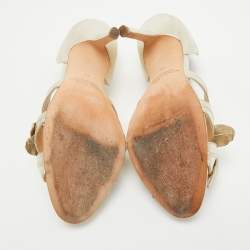 Pre Owned Oscar de la Renta Silver Leather Flower Embellished Peep Toe Sandals Size 36