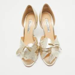 Pre Owned Oscar de la Renta Silver Leather Flower Embellished Peep Toe Sandals Size 36