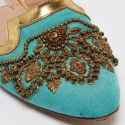 Pre Owned Oscar de la Renta Blue Canvas Embellished Mules Size 40