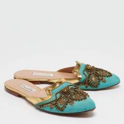 Pre Owned Oscar de la Renta Blue Canvas Embellished Mules Size 40