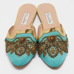 Pre Owned Oscar de la Renta Blue Canvas Embellished Mules Size 40