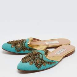 Pre Owned Oscar de la Renta Blue Canvas Embellished Mules Size 40