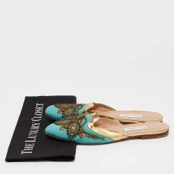 Pre Owned Oscar de la Renta Blue Canvas Embellished Mules Size 40