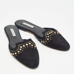 Pre Owned Oscar de la Renta Black Suede Studded Flat Mules Size 41