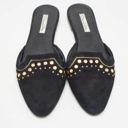 Pre Owned Oscar de la Renta Black Suede Studded Flat Mules Size 41
