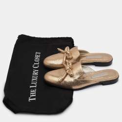 Oscar de la Renta Gold Crinkled Leather Bow Flat Mules Size 38