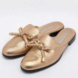 Oscar de la Renta Gold Crinkled Leather Bow Flat Mules Size 38