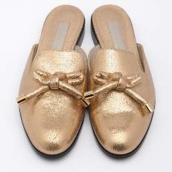 Oscar de la Renta Gold Crinkled Leather Bow Flat Mules Size 38