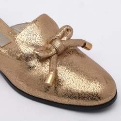 Oscar de la Renta Gold Crinkled Leather Bow Flat Mules Size 38