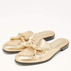 Pre Owned Oscar de la Renta Gold Crinkled Leather Bow Flat Mules Size 38