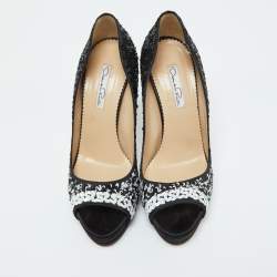 Oscar de la Renta Black Satin and Sequins Peep Toe Platform Pumps Size 38.5