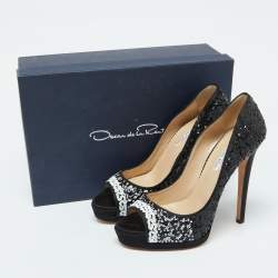 Oscar de la Renta Black Satin and Sequins Peep Toe Platform Pumps Size 38.5