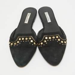 Oscar de la Renta Black Suede Studded Flat Mules Size 38