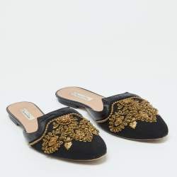 Pre Owned Oscar de la Renta Black Canvas and Leather Spanish Mules Mules Size 41