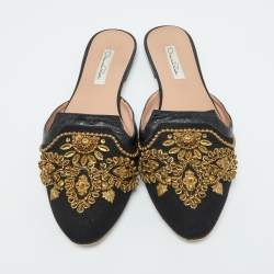 Pre Owned Oscar de la Renta Black Canvas and Leather Spanish Mules Mules Size 41
