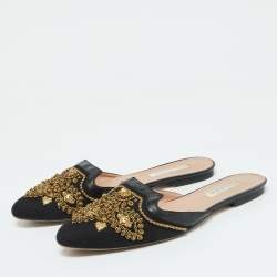 Pre Owned Oscar de la Renta Black Canvas and Leather Spanish Mules Mules Size 41